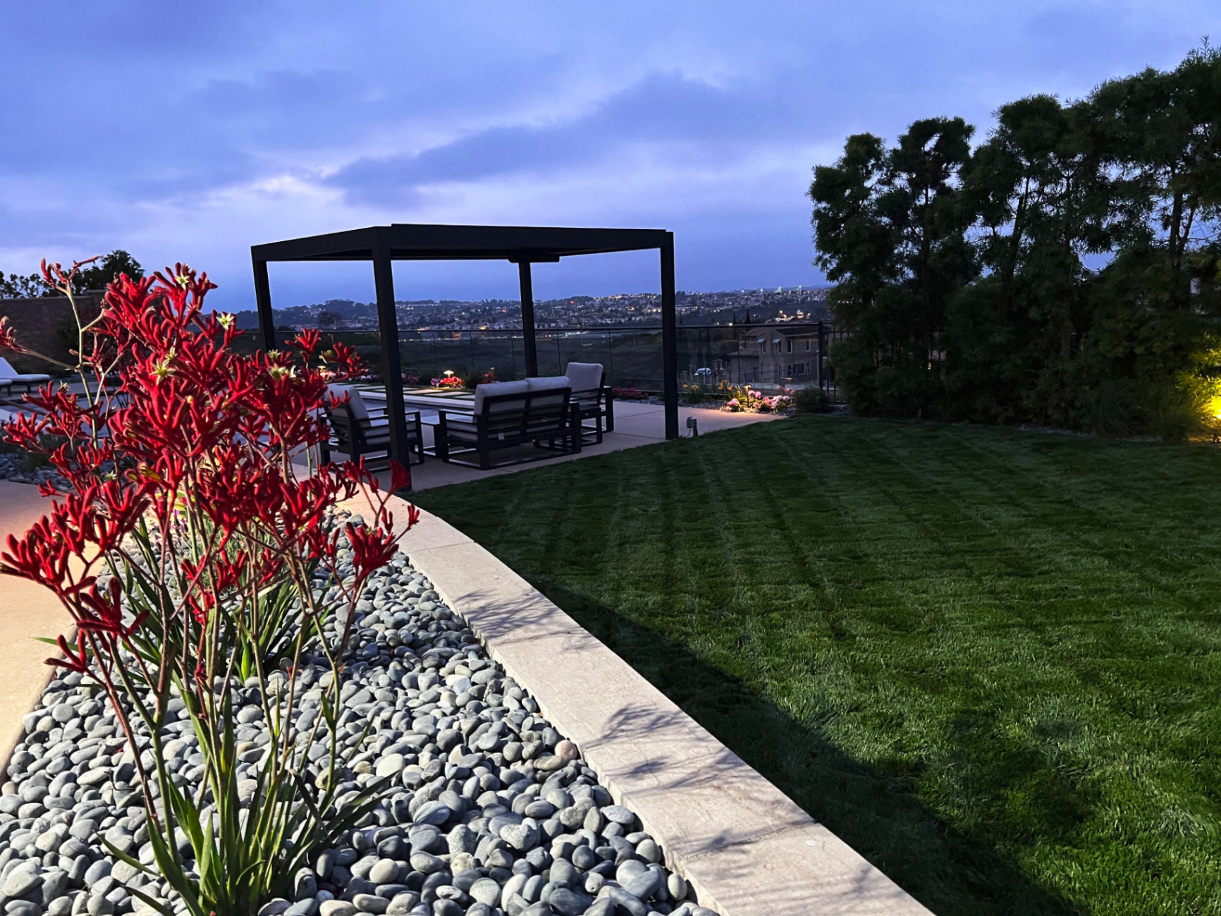 Backyard pergola with kangaroo paw and view at dusk